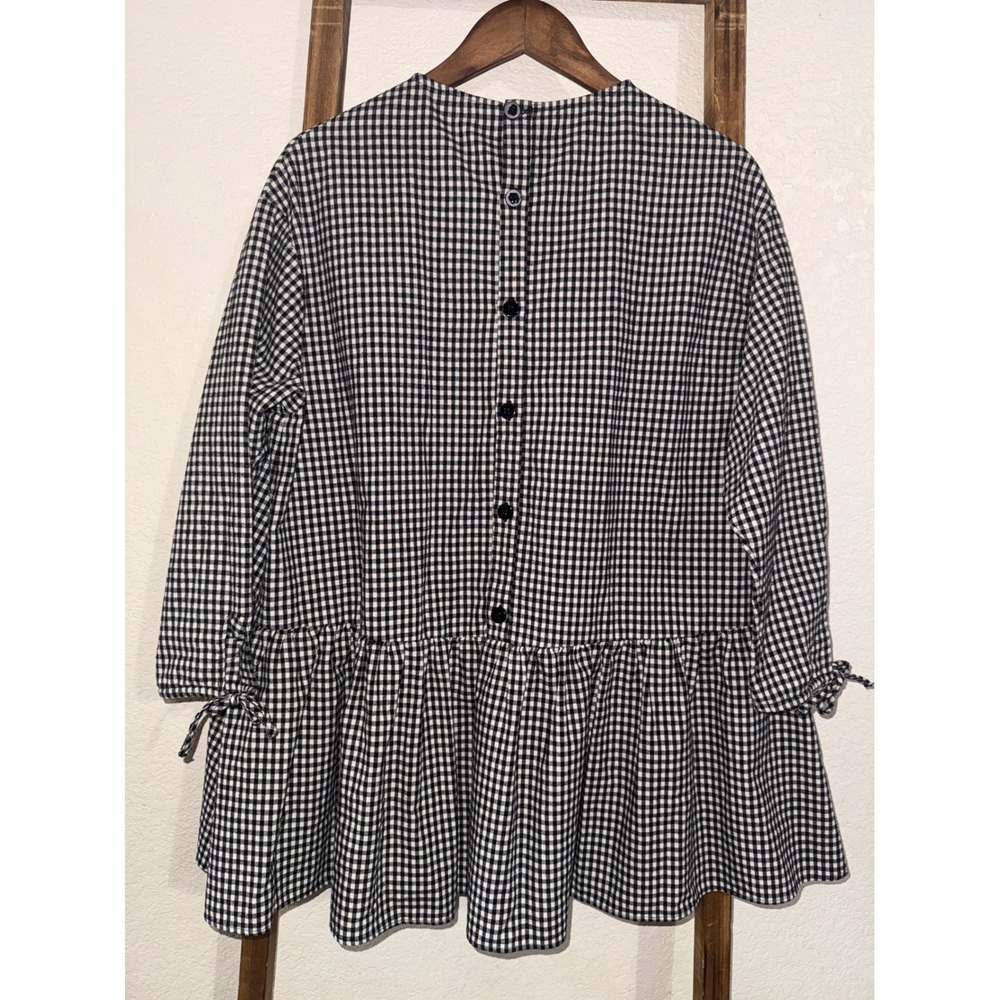 Zara Basic Gingham Peplum Blouse Black White Tie Sleeve Button Back Small - Picture 5 of 11